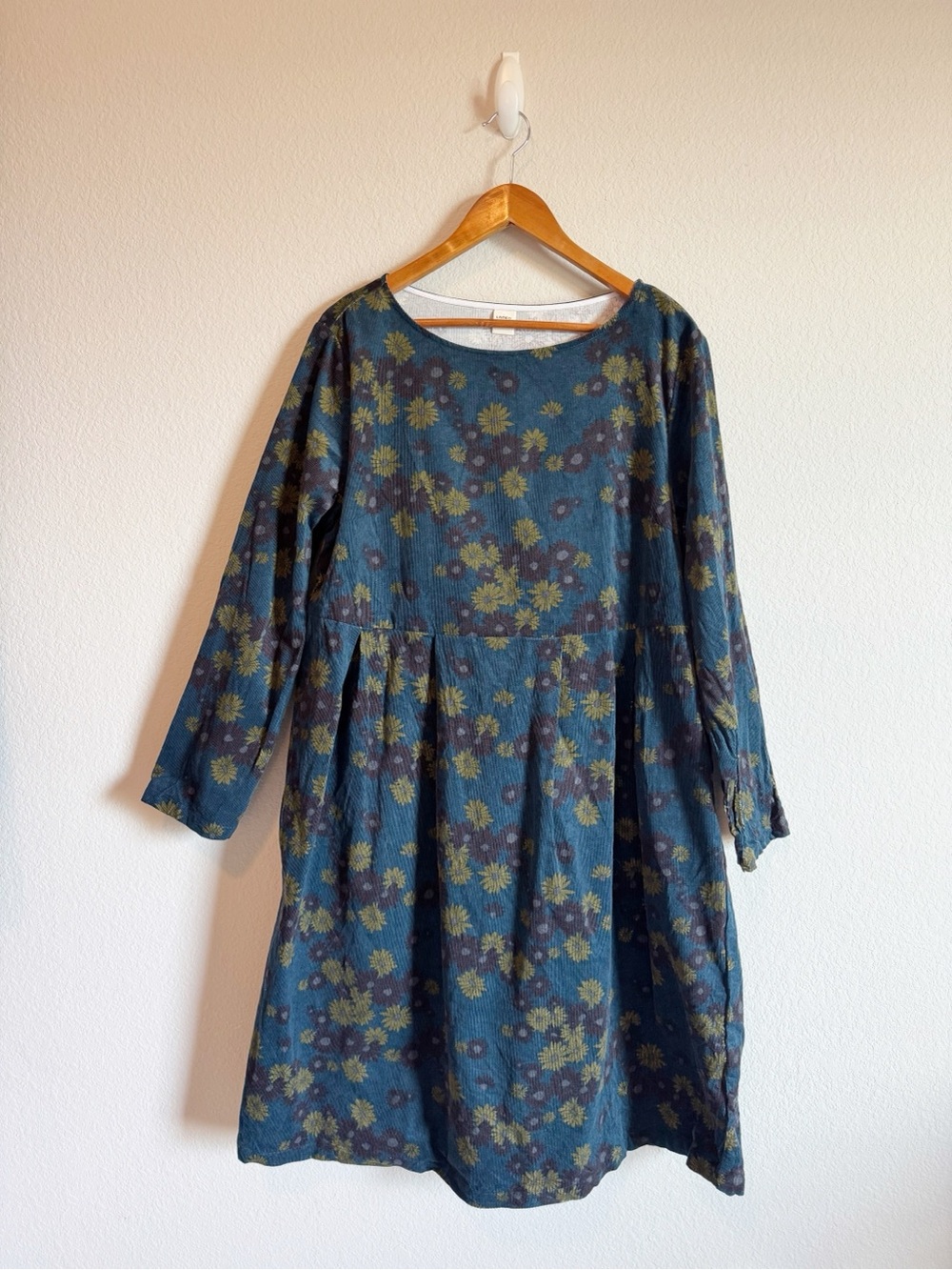 Lintico 100% Organic Cotton Ruched Blue Floral Print BoatNeck Corduroy Dress XL